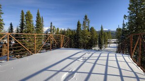 Un puente cubierto de nieve con barandillas metálicas, rodeado de árboles de hoja perenne y montañas nevadas a lo lejos.