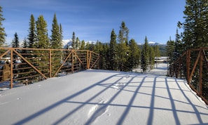 A snow-covered bridge with metal railings, surrounded by evergreen trees and distant snow-capped mountains.