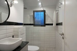 Douche, séchoir à cheveux, serviettes fournies, savon