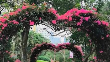 A heart-shaped archway with pink flowers, surrounded by trees and greenery.