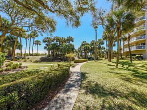 A pathway leading through a landscaped area with palm trees and a building with balconies. - Cozy 1BR Villa w/ Lagoon Views (Hilton Head Island)