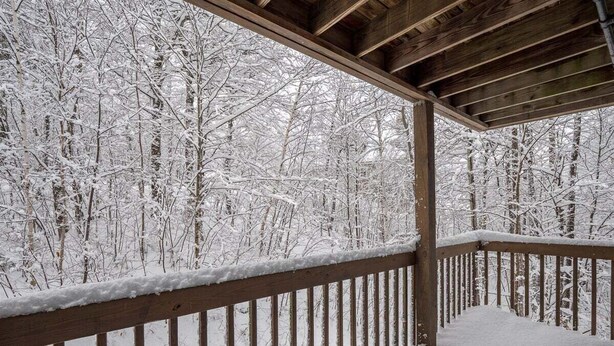 A wooden deck with snow-covered railings and a snowy forest background.