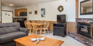 Télévision, cheminée, lecteur de DVD