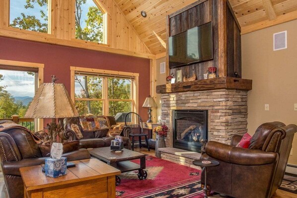 TV, fireplace - Woodland Way Retreat- Hot Tub and Mountain Views! (Bethel)