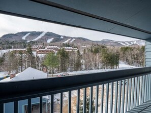 Näkymä parvekkeelta, jossa on kaide, ja näkymä avautuu lumiseen maisemaan, jossa on rakennuksia ja puita.