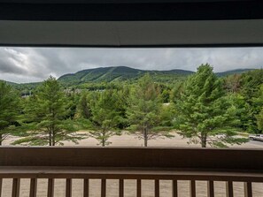 Näkymä parvekkeelta, jossa on kaide, ja näkymä avautuu parkkialueelle ja metsäiselle rinteelle.