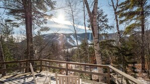 Um deck de madeira com um banco, cercado por árvores e vista para a montanha.