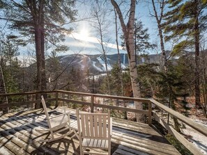 A wooden deck with a bench, surrounded by trees and a mountain view.