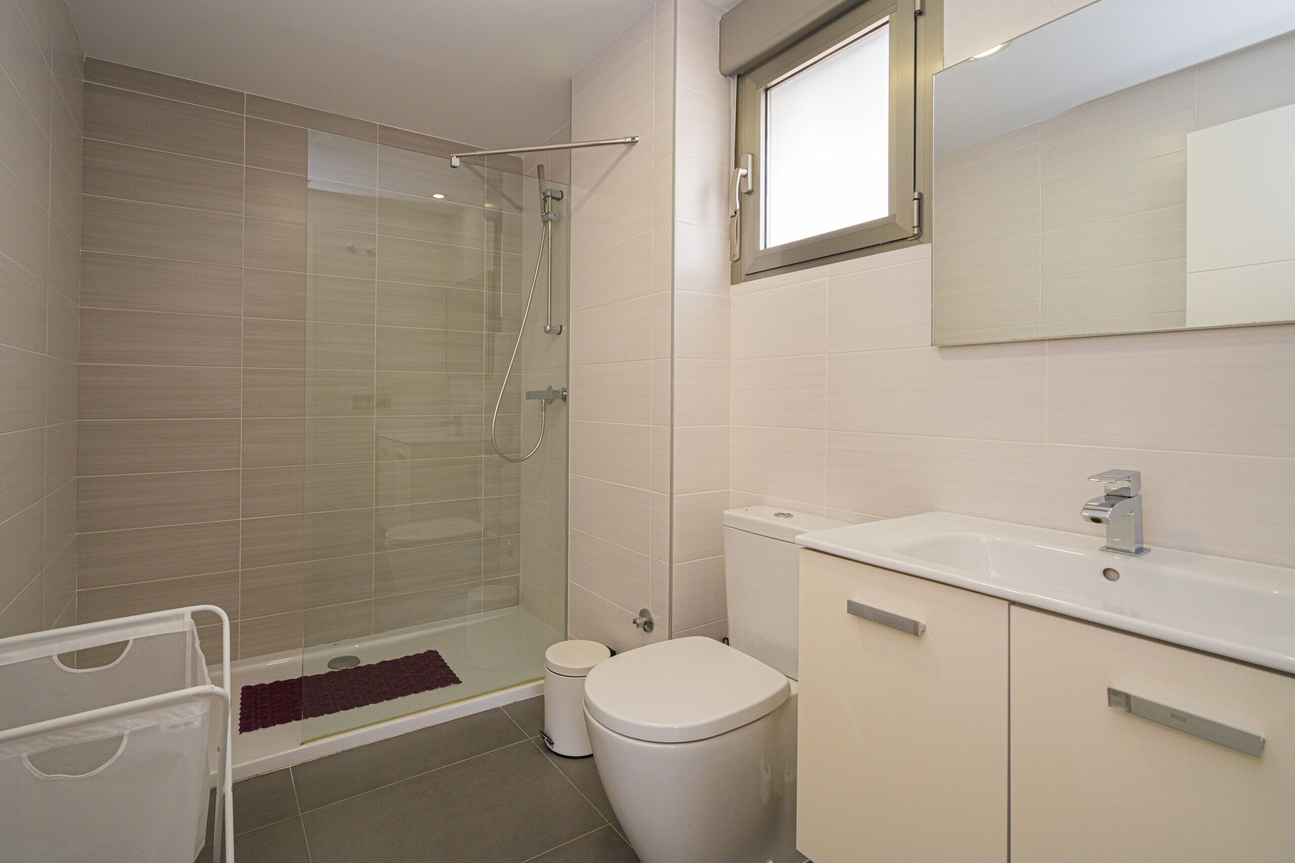 A modern bathroom with a glass shower enclosure, a toilet, a sink, and a mirror.