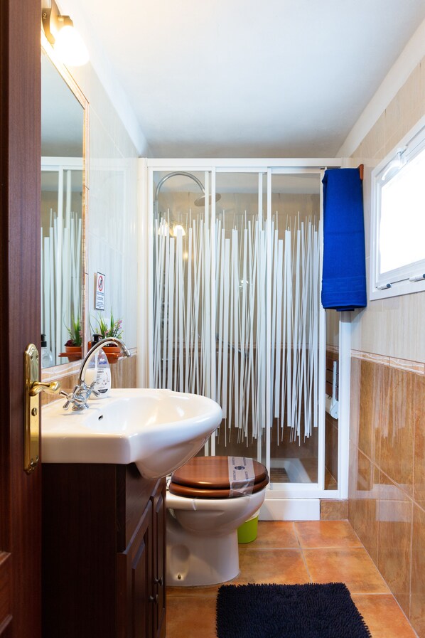 Une salle de bain comprenant un lavabo, des toilettes et un espace douche.