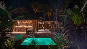 Zona de piscina con bar y asientos, rodeada de palmeras y una terraza de madera.