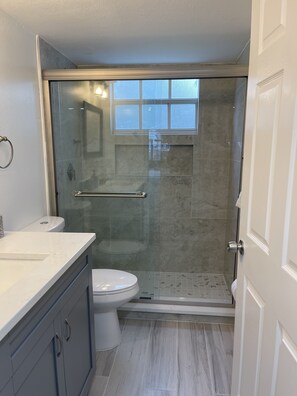 Shower, hair dryer, towels, toilet paper