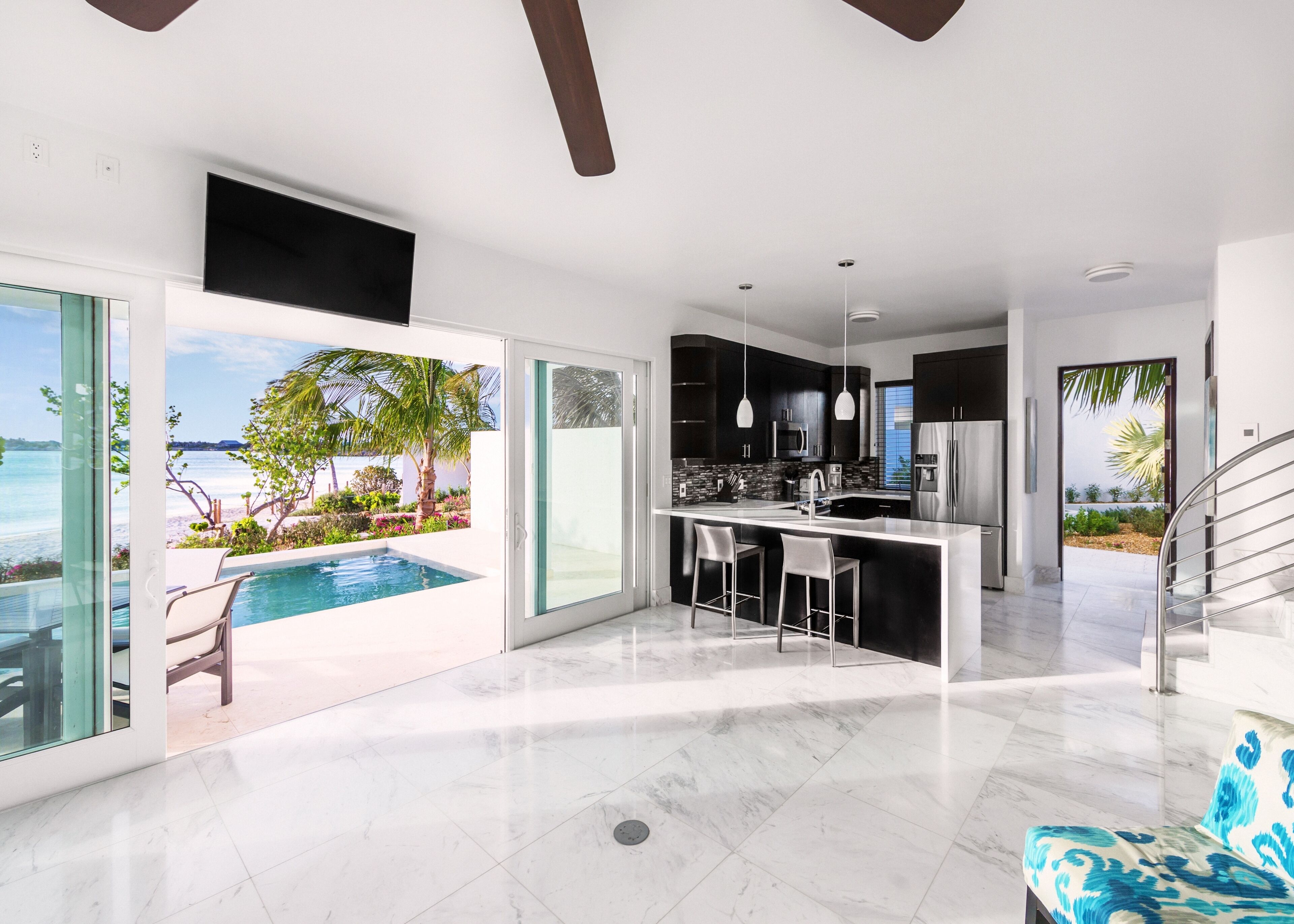 Luxury Villa, 1 Bedroom, Private Pool, Oceanfront | Living area | 64-inch Smart TV with cable channels, TV