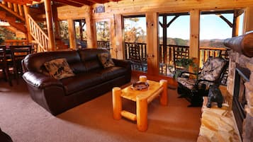 Cabin, Multiple Beds, Hot Tub, Mountain View | Living area | 40-inch flat-screen TV with cable channels, TV, fireplace