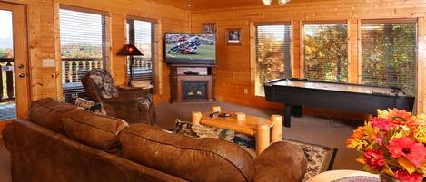 Cabin, Multiple Beds, Hot Tub, Mountain View | Living area | 40-inch flat-screen TV with cable channels, TV, fireplace