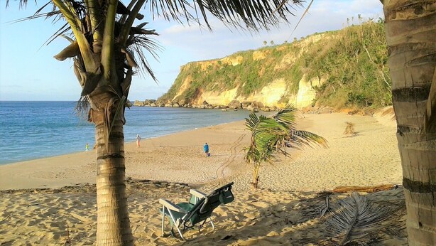 Ein Strand mit einer Palme, einem Liegestuhl und einer Klippe im Hintergrund.