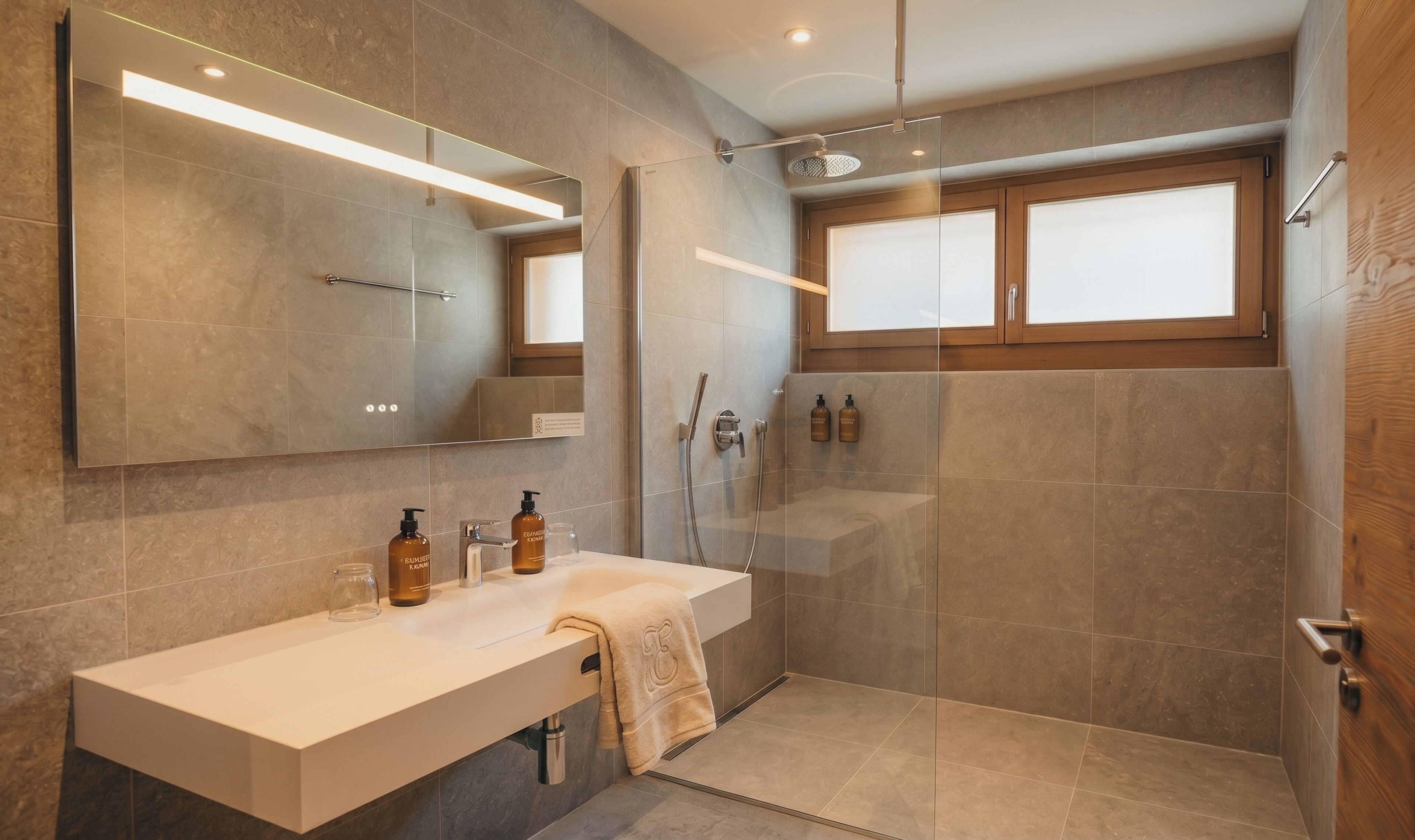 Un baño moderno con ducha de vidrio, tocador con espejo y ventana sobre el lavabo.