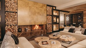 A modern living room with a fireplace, wooden shelves, and a cozy seating area. - Eringer Hotel (Heremence)