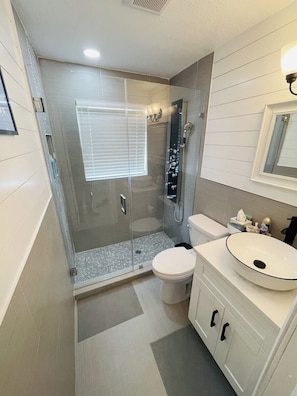 Een moderne badkamer met een douchecabine van glas, een toilet en een wastafelmeubel met wastafel.