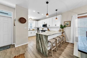 Fridge, microwave, oven, stovetop - Stars Hollow Cottage | Pet Friendly 30A Home + 3 Porches + Pool Access (Santa Rosa Beach)