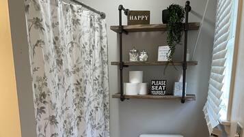 Combined shower/tub, hair dryer, towels, soap