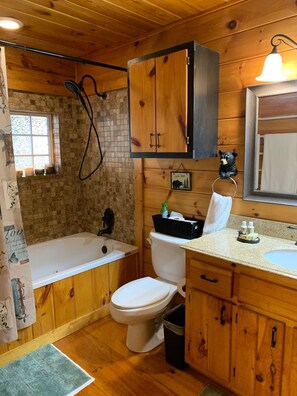Combined shower/tub, jetted tub, hair dryer, towels