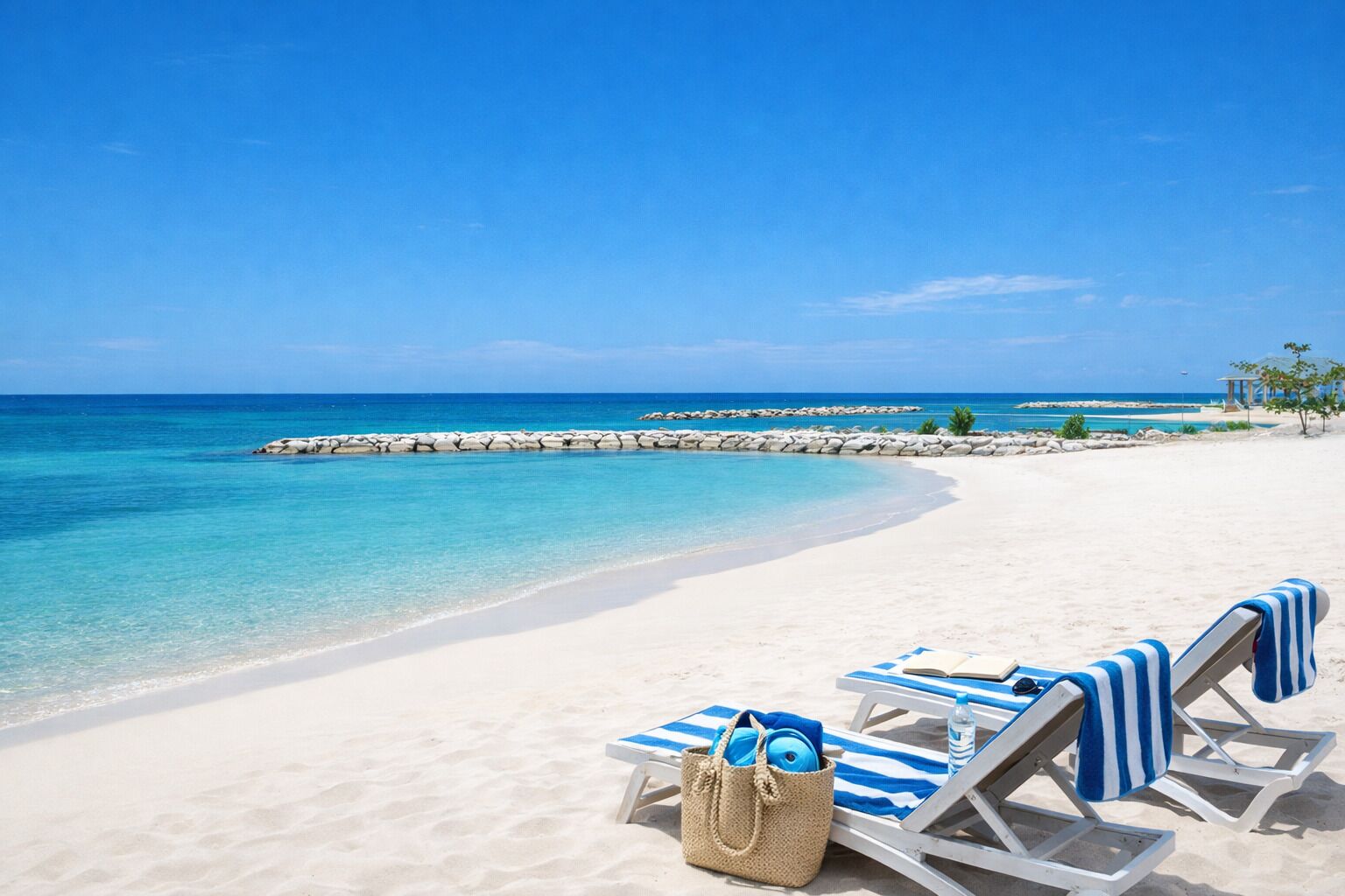 Espreguiçadeiras, toalhas de praia 