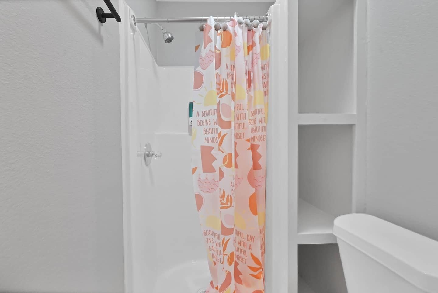 Combined shower/tub, hair dryer, towels, soap