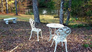 A serene outdoor seating area with a table and two chairs, surrounded by trees and a pond. - Mulberry Cottage on 16 Acres, King Size Bed, No Pet Fee (Grovetown)