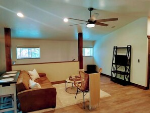 Smart TV, fireplace, DVD player, books