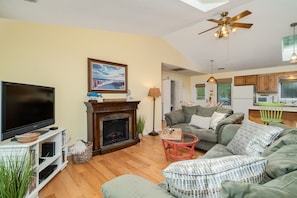 Smart TV, fireplace, DVD player, books