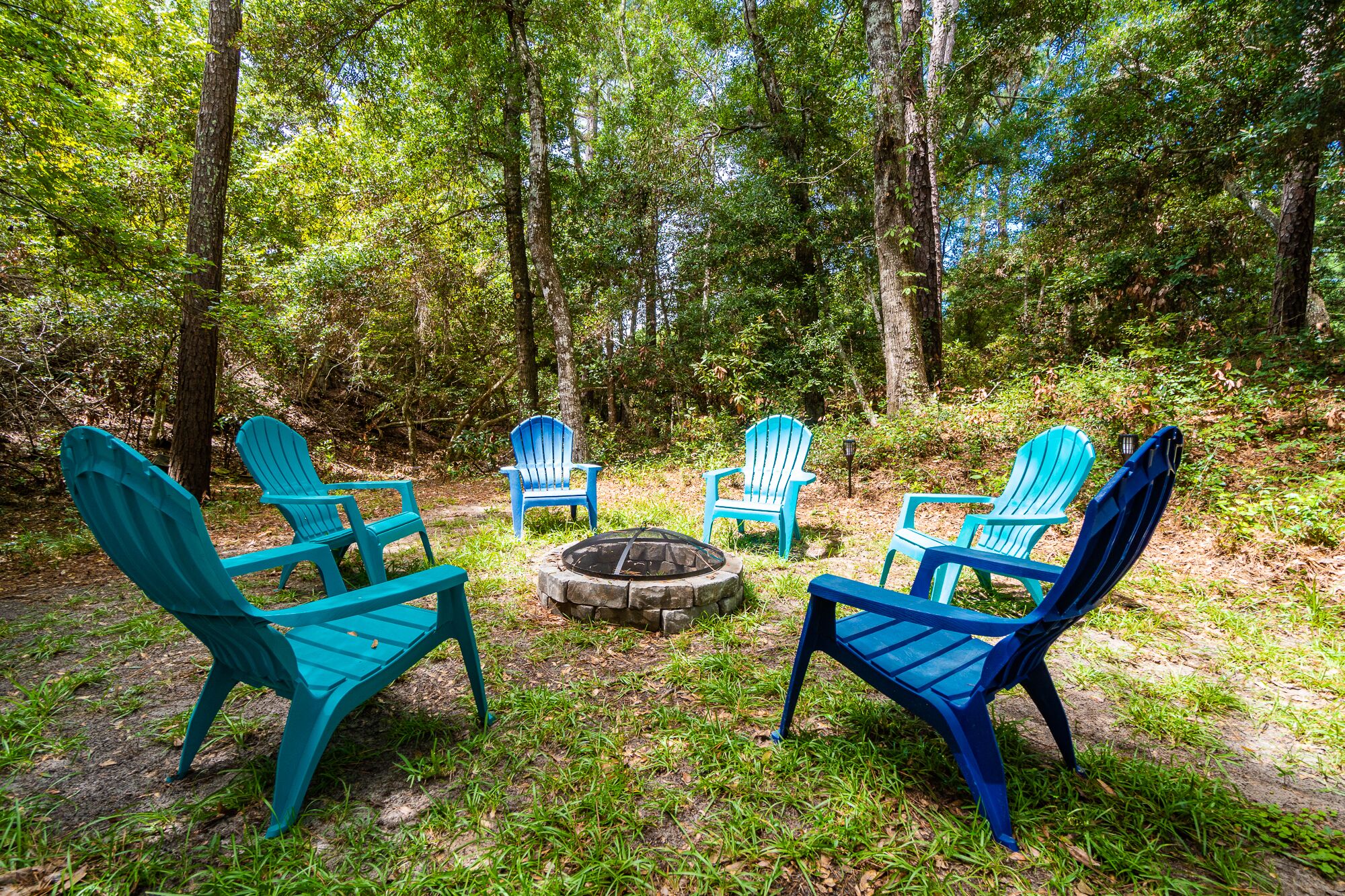 Une clairière dans la forêt, où cinq chaises Adirondack sont disposées autour d’un foyer central.