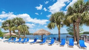 Une plage bordée de rangées de chaises longues bleues et de parasols en chaume, avec des palmiers et un ciel d’un bleu limpide.