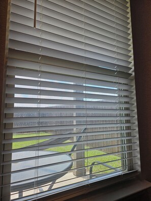 Une fenêtre avec des stores horizontaux, donnant sur une pelouse et du mobilier d’extérieur.
