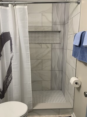Douche, baignoire à jets, serviettes fournies, papier toilette