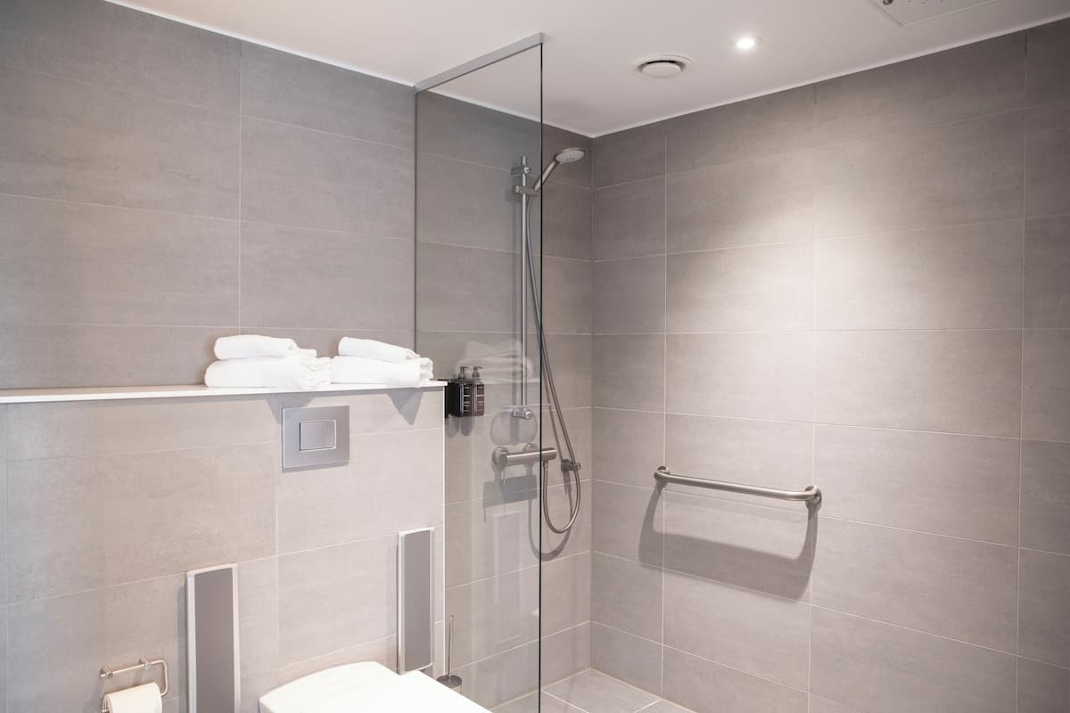 deluxe double room | bathroom | shower, hair dryer, heated floors, towels