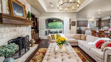 Smart TV, fireplace, books