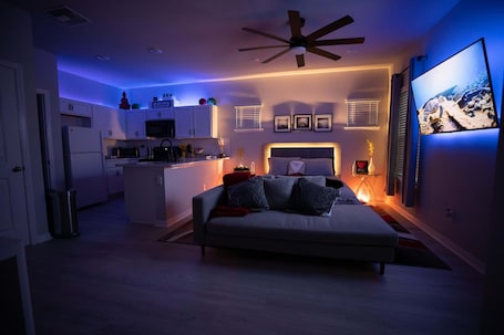 Studio | Living area. Pet Friendly Modern Zen Studio Retreat W/ Hot Tub! Home by RedAwning