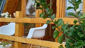 Een houten terras met witte stoelen en een bloempot.