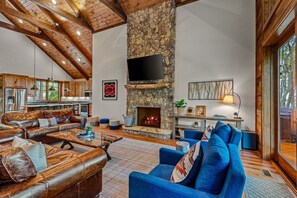 TV, fireplace, table football