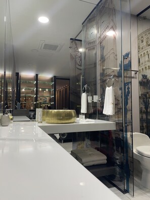 Combined shower/tub, jetted tub, hair dryer, bidet