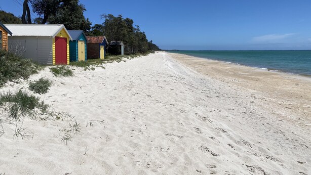 Una spiaggia sabbiosa con vivaci casette sulla spiaggia e un cielo azzurro limpido.