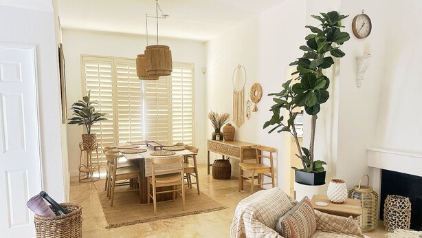 Un salon chaleureux avec un coin repas, une cheminée et une grande plante.