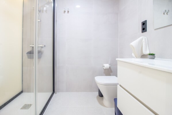 Shower, hair dryer, towels, toilet paper