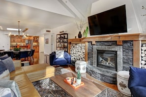 Smart TV, fireplace, books