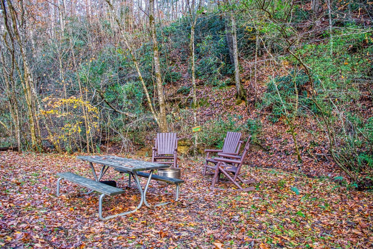 A picnic area with a table and chairs surrounded by a forest.
