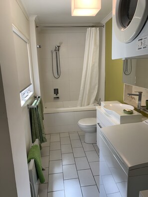 Combined shower/bathtub, hair dryer, towels, soap