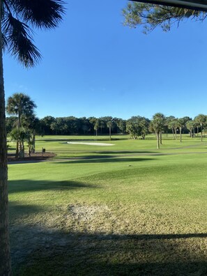 A golf course with a clear sky, well-maintained grass, and trees. - Golf views on 4th tee box. Close drive to beach. Clean linens provided for fee. (Edisto Beach)