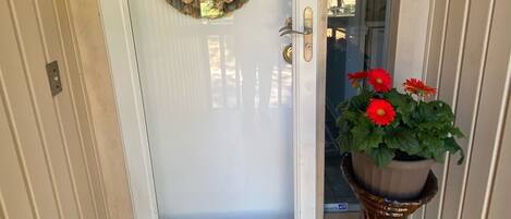 Una porta amb una corona de fulles, un estriau amb un disseny d'ananas i una planta en test amb flors vermelles.