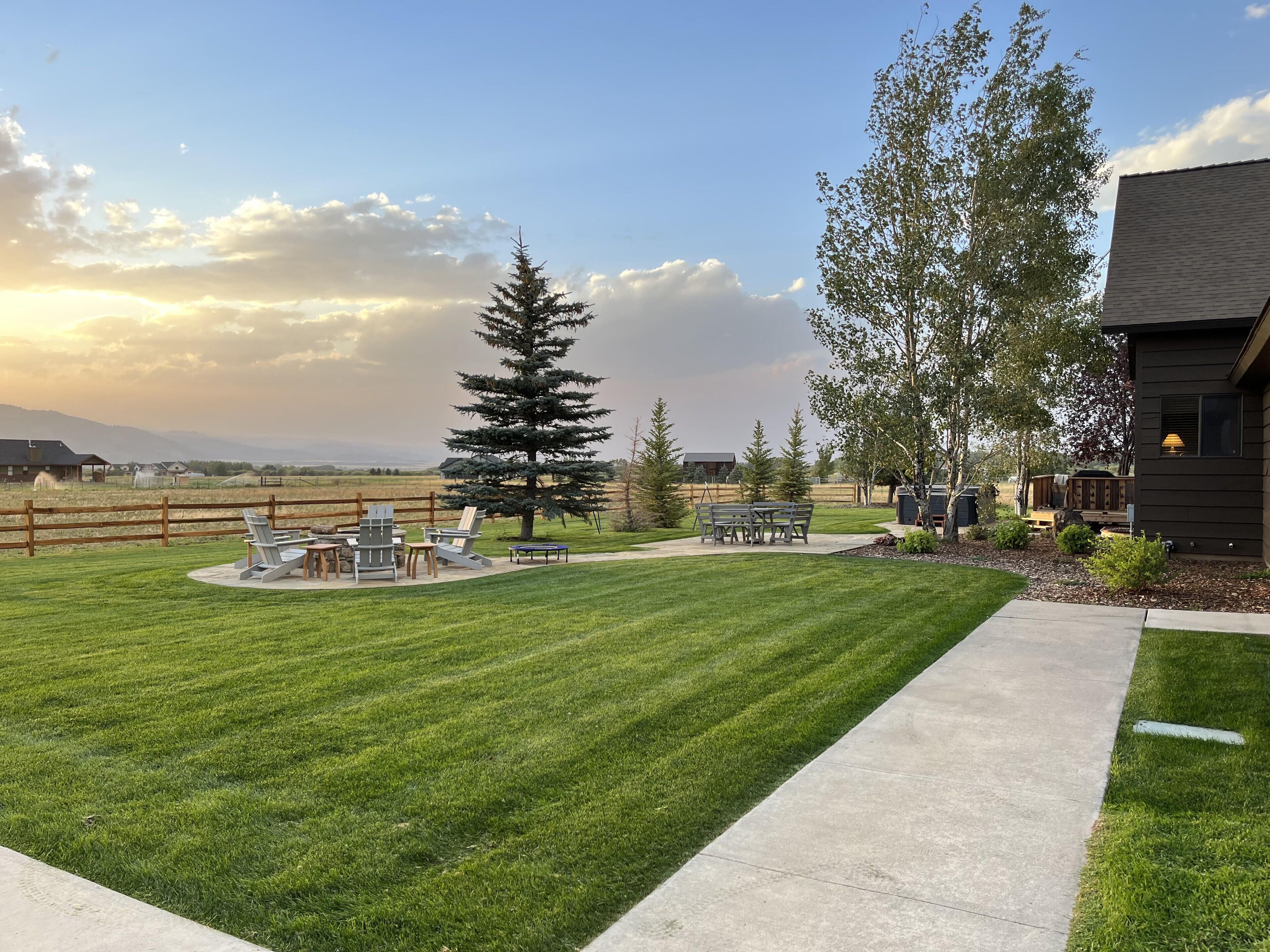 A well-maintained lawn with a patio area, a tall evergreen tree, and a wooden fence.